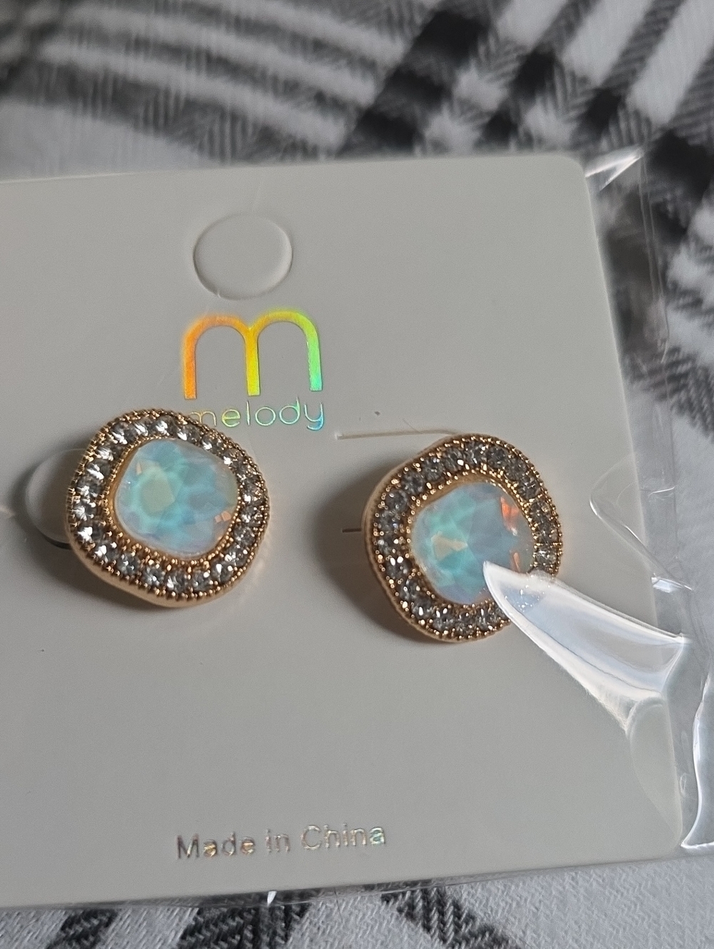 Gold Opal Halo Stud Earrings - Iridescent White